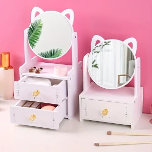 Make-up Spiegel met Lade – 360° Draaibaar, Cosmetica Opbergdoos Met Spiegel, Kattenoren Ontwerp